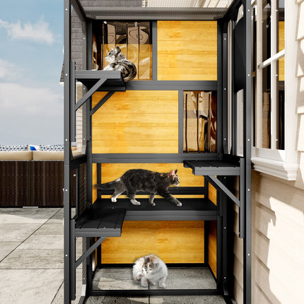 GO Large Outdoor Cat Catio 4-Tier Weatherproof Cat Enclosure with Platforms & Resting Rooms – Brown