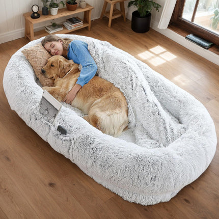 Human Dog Bed – Washable Faux Fur Orthopedic Dog Bed for People & Pets (71"x45"x14", Grey)