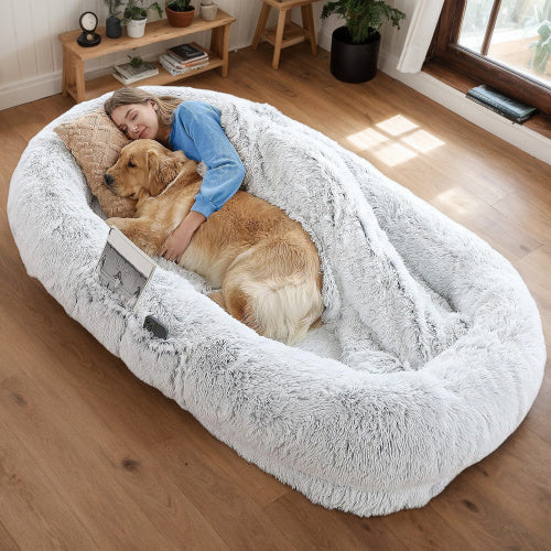Human Dog Bed – Washable Faux Fur Orthopedic Dog Bed for People & Pets (71"x45"x14", Grey)