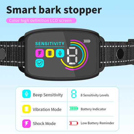Smart Automatic Anti-Barking Dog Collar with HD LCD Display, Rechargeable IP67 Waterproof Bark Stopper