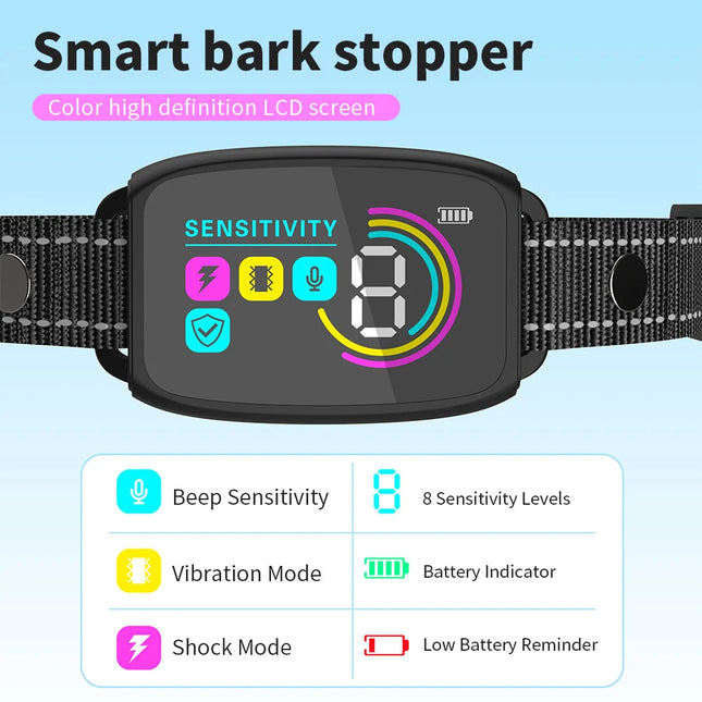 Smart Automatic Anti-Barking Dog Collar with HD LCD Display, Rechargeable IP67 Waterproof Bark Stopper