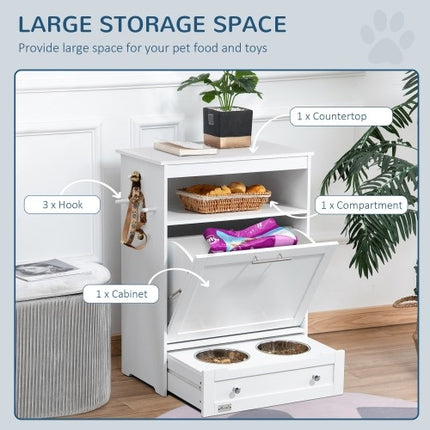 PawHut Pet Feeder Station Locker with Raised Bowls & Storage Cabinet – White MDF Dog Feeding Station