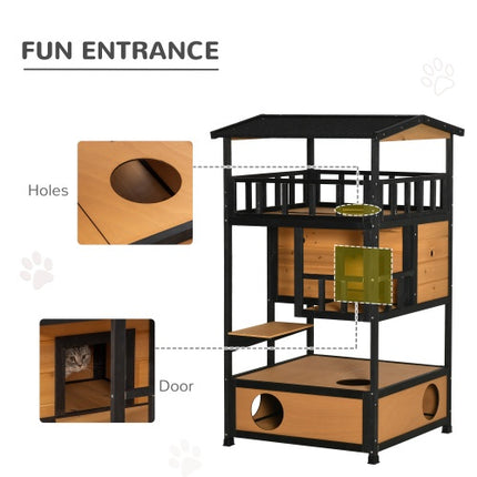 Wooden Outdoor Cat House & Kitten Tree with Asphalt Roof – PawHut Wild Cat Shelter with Jump Platforms