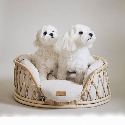 Handmade Rattan Woven Pet Bed Sofa for Dogs – Natural Rattan Pet Nest with Cushion