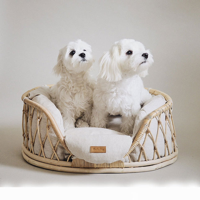 Handmade Rattan Woven Pet Bed Sofa for Dogs – Natural Rattan Pet Nest with Cushion