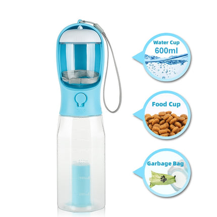 Portable 3-in-1 Dog & Cat Water Bottle with Food Feeder and Poop Bag Dispenser – Leak-Proof Pet Travel Cup