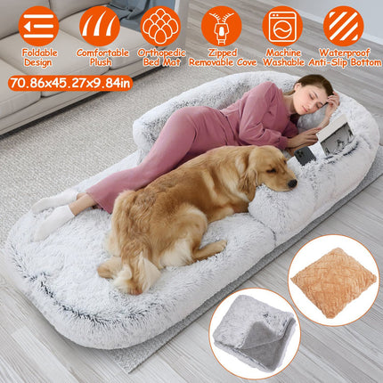 Foldable Human-Size Dog Bed with Pillow & Blanket – Plush Napping Bed for Pets, Kids & Adults (71"x45"x10", Grey)