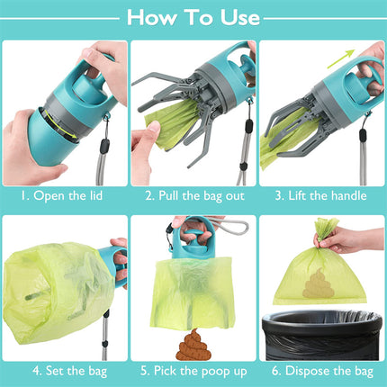 Portable Dog Pooper Scooper with Built-in Poop Bag Dispenser, Lightweight Eight-Claw Waste Pickup Tool