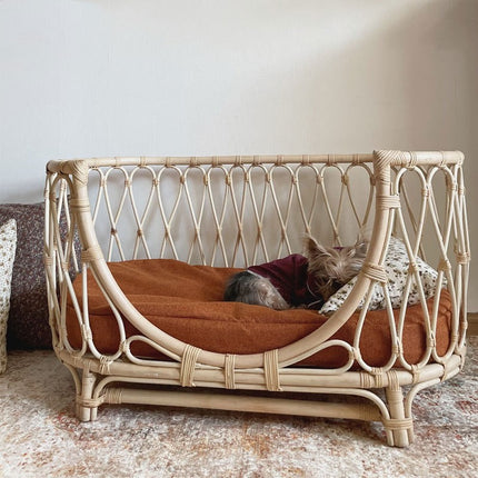 Handmade Rattan Woven Pet Bed Sofa for Dogs – Natural Rattan Pet Nest with Cushion